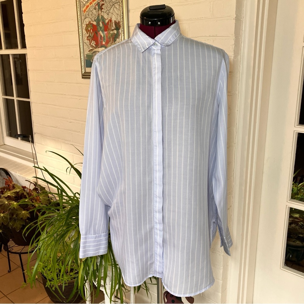 Banana Republic Light Blue & White Striped Button Down Blouse | Size L